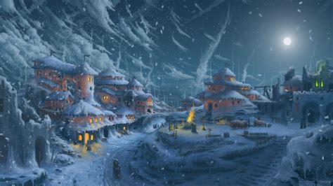 Online crop | snowy village illustration, artwork, painting ...