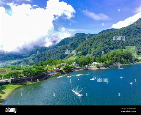 Aerial view of Telaga Sarangan or Lake Sarangan, Magetan, East Java ...