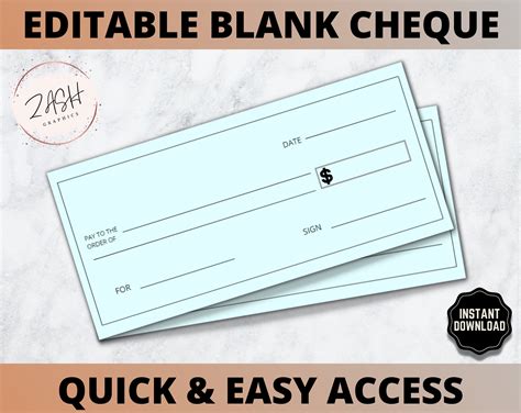 Blank Check Template Editable Bank Cheque Printable Cheque - Etsy Australia