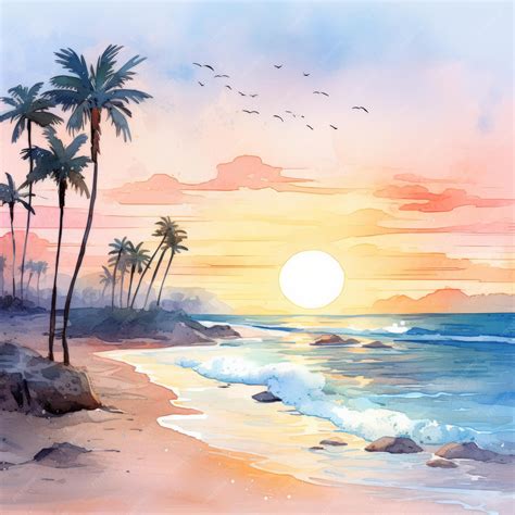 Tropical Beach Sunset Watercolor Painting | Premium AI-generated image