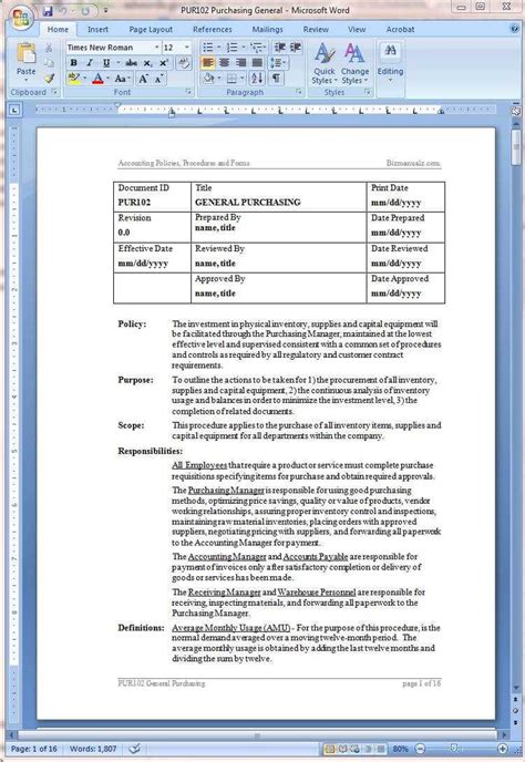 Process And Procedure Manual Template