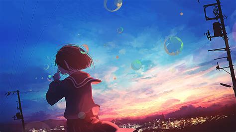 Anime, Scenery, Girl, Sunset, Bubbles, 4K, #276 Wallpaper