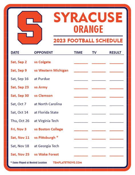 Printable 2023 Syracuse Orange Football Schedule