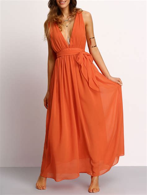 Plunging V-Neckline Tie Waist Maxi Dress -SheIn(Sheinside)