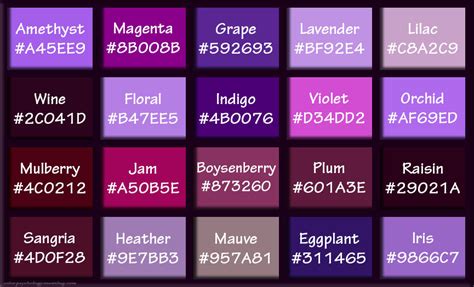 Shades of Purple & Names with HEX, RGB Color Codes Purple Hex, Purple ...