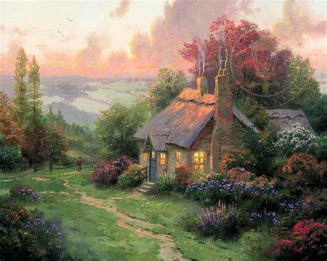 a painting of a cottage in the countryside