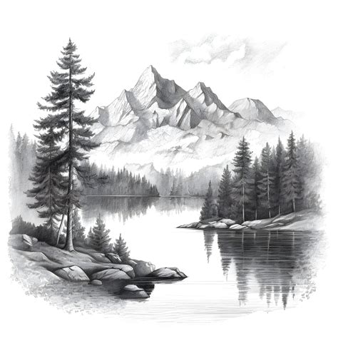 Peaceful Mountain Lake Pencil Illustration - Etsy