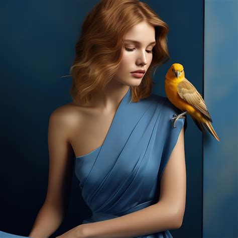 Premium AI Image | a woman with a bird on her shoulder and a yellow ...