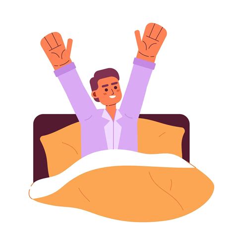 Happy man waking up in bed semi flat colorful vector character. Feeling ...