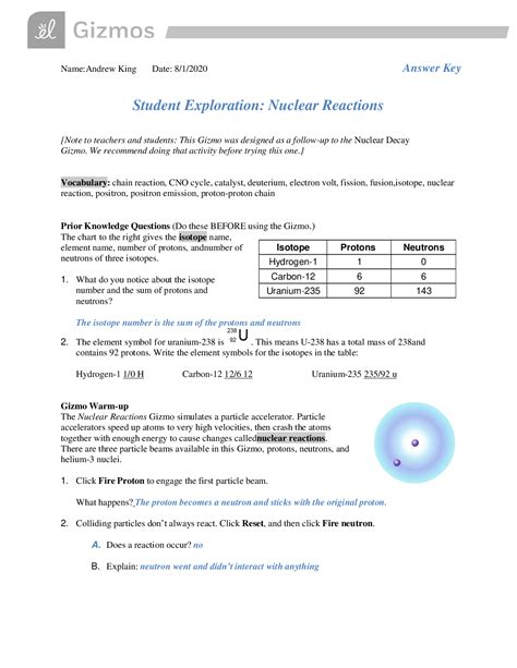 Gizmos Student Exploration: Nuclear Reactions| Answer Key| Grade A+ ...