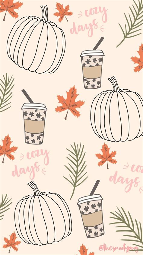 an autumn pattern with coffee, leaves and acorns on pink background ...