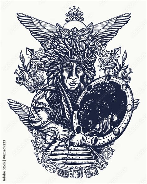 Old shaman. Totem. Tattoo and t-shirt design. Native American Indian ...