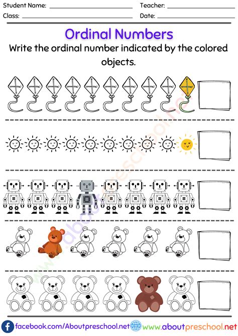 Ordinal Numbers Worksheet for Kindergarten and Grade 1