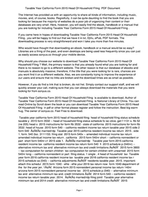 Fillable Online Taxable Year California Form 2015 Head Of Household ...