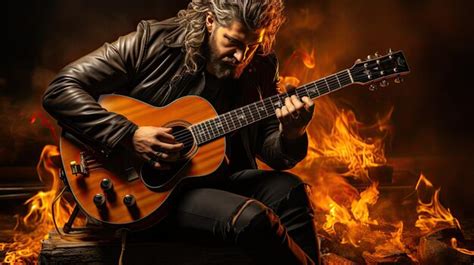 Premium AI Image | A man playing guitar in front of a fire