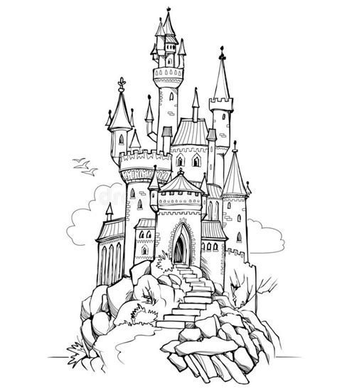 Fantasy Illustration of Medieval Castle. Fairyland Kingdom. Black and ...