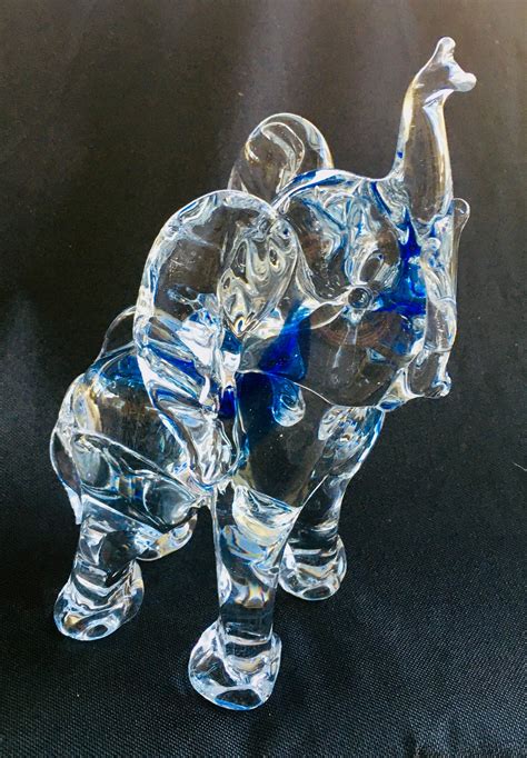 Glass Infant Elephant Figurine Clear with Cobalt Blue Inside Tall at 8 1/2