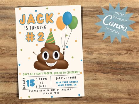 Poop Emoji Birthday Party Invitation, Editable 2nd Birthday Invite ...