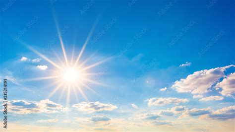 Hot summer or heat wave background, blue sky with glowing sun Stock ...