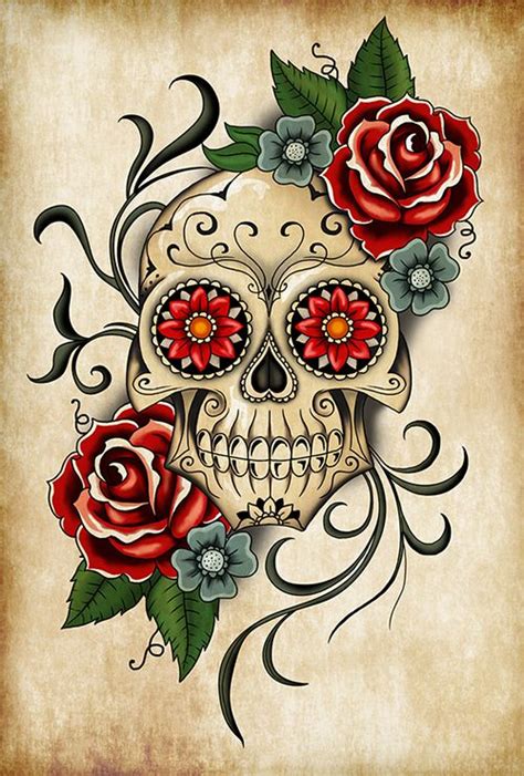 a skull with roses and leaves on it