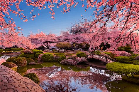 Japanese Water Garden With Cherry Blossoms