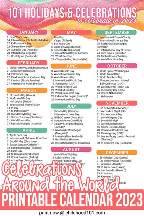 Printable Celebrations Around the World Calendar 2023 | World calendar ...