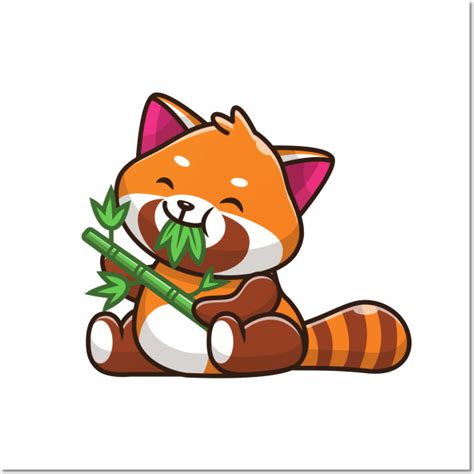 Cute Red Panda Eating Bamboo Cartoon - Red Panda - Posters and Art ...