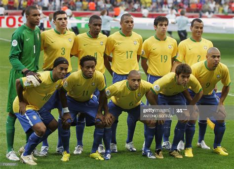 Members of the Brazil team pose at the start of the quarter-final ...