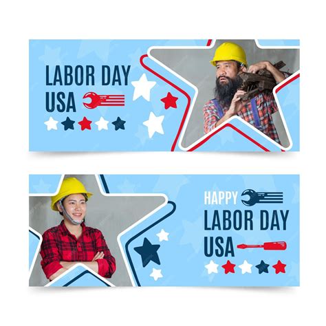 Free Vector | Hand drawn labor day horizontal banners set with photo