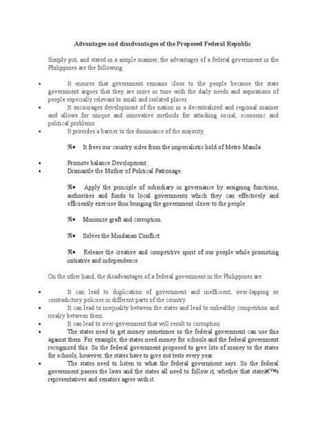 Advantages and Disadvantages of the Proposed Federal Republic ...