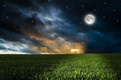 HD wallpaper: green grass field and full moon, greens, the sky, clouds ...