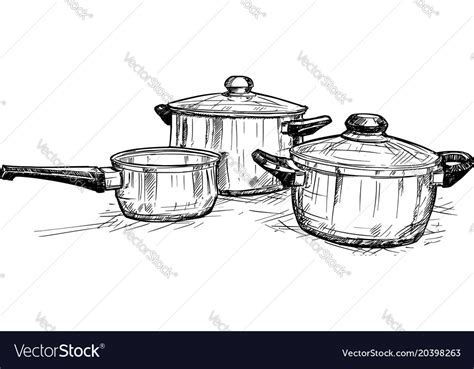 Hand drawing of set of cooking pots Royalty Free Vector