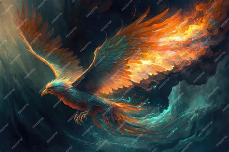 Premium AI Image | Phoenix firebird flying over sea its feathers shining