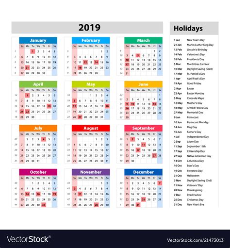 Public holidays for the usa calendar 2019 Vector Image