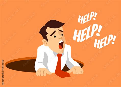 Worker fell into hole. Man character need help. Vector flat cartoon ...