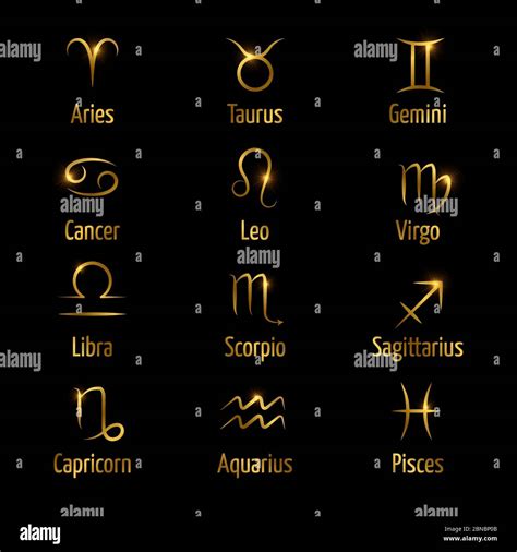 Hand drawn zodiac vector symbols shine gold effect. Astrology zodiac ...