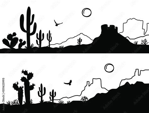 Desert landscape with Cactuses. Arizona desert mountains silhouette ...