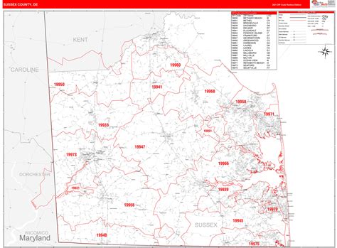 Sussex County, DE Zip Code Wall Map Red Line Style by MarketMAPS