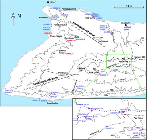 Map of western Molokai Island showing locations of the studied samples ...