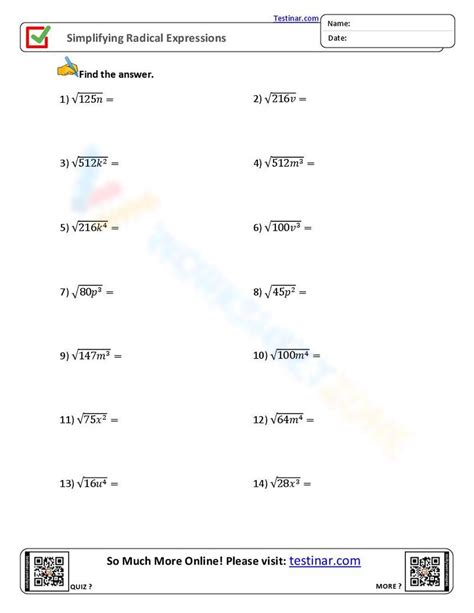 Simplify Radical Equations Worksheet