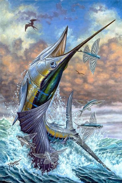 Jumping Sailfish And Flying Fishes by Terry Fox | Fish drawings, Fish ...