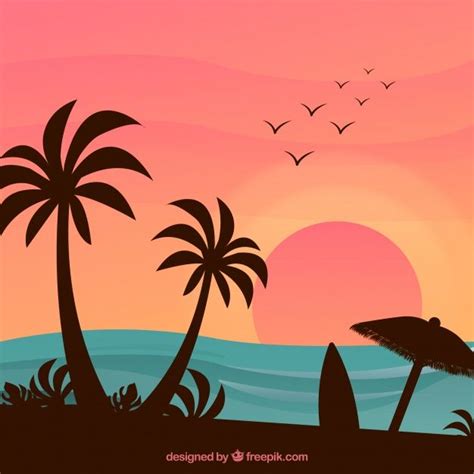 a sunset with palm trees and surfboards on the beach