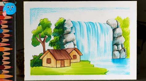 Waterfall Beautiful Easy Scenery Drawing - How to draw easy and simple ...