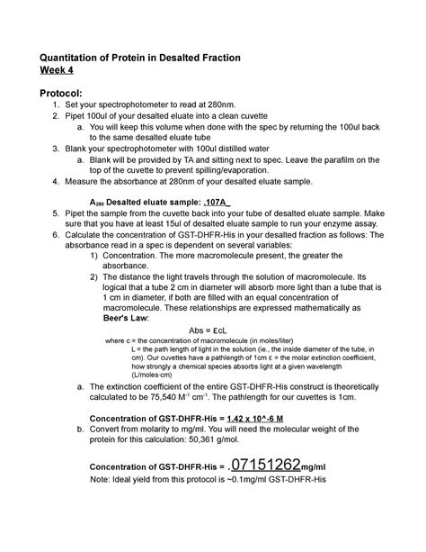 Enzyme assay protocol - Quantitation of Protein in Desalted Fraction ...