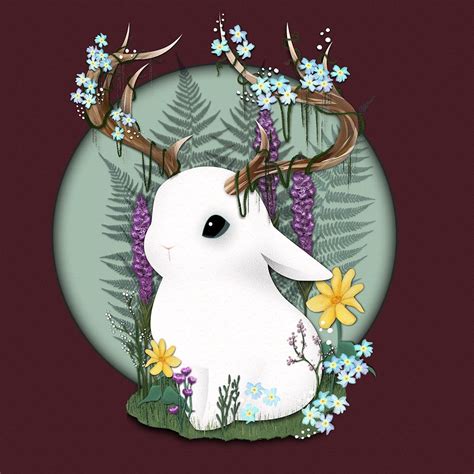 Cute jackalope bunny digital painting illustration print - flowers ...