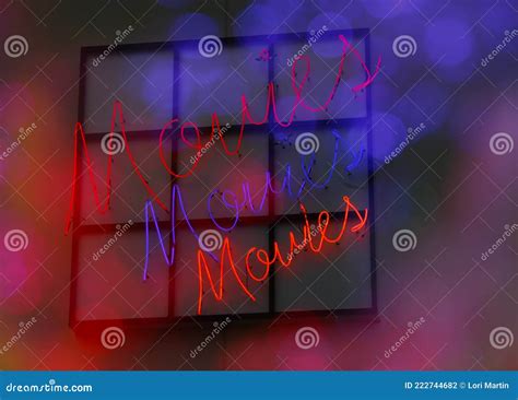 Neon Movie Theater Sign, Movies Movies Movies with Bokeh Stock Photo ...