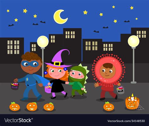 Trick or treat halloween children in city cartoon Vector Image