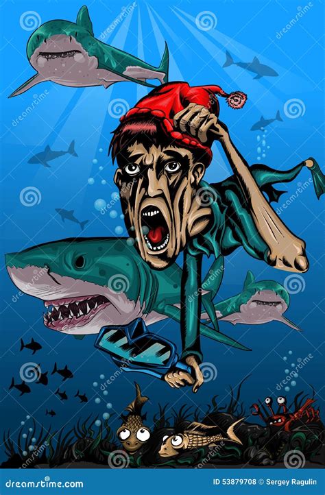 Diver with sharks stock vector. Illustration of rays - 53879708