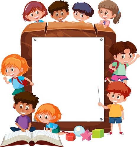 Empty wooden frame with many children cartoon character 3332886 Vector ...