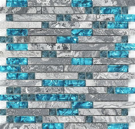 Blue glass stone mosaic wall tiles gray marble tile kitchen backsplash ...